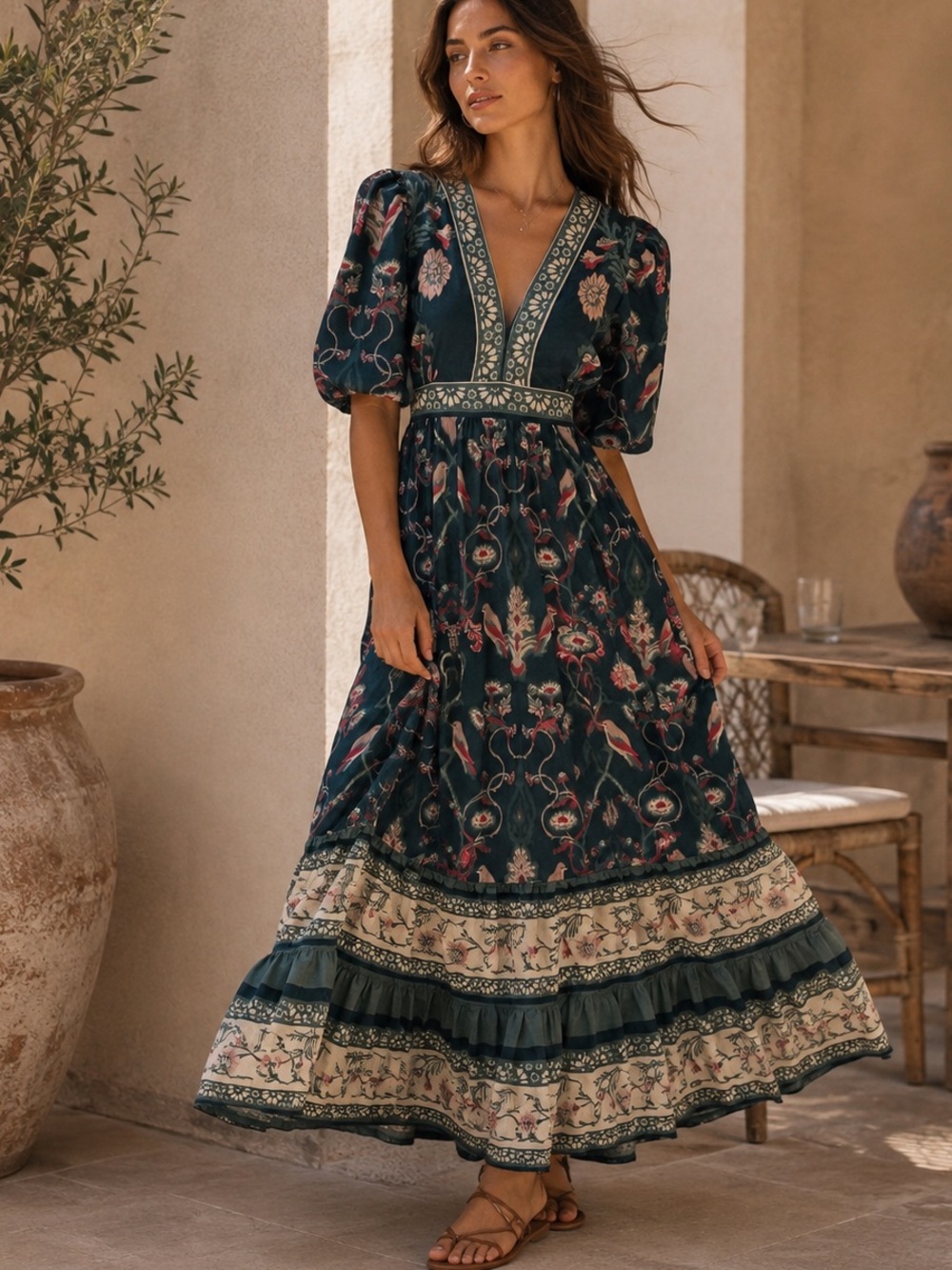 Anthropologie Especia Poppy Angelica Dress XS Boho Prairie Floral Maxi Cotton